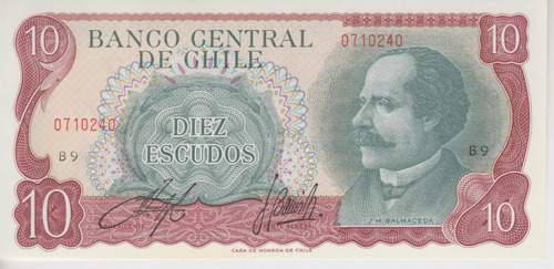 Imagen 3 de 4 de Billete 10 Escudos Chile 1962-1975 Inostroza-barrios Unc