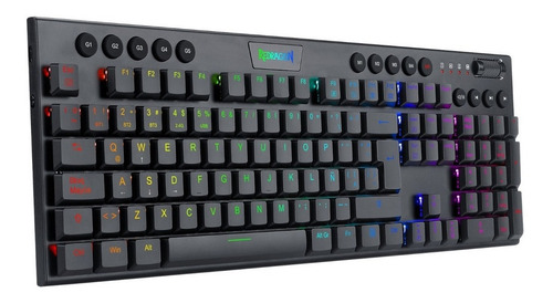 Imagen 2 de 5 de Teclado gamer bluetooth Redragon Horus K618 QWERTY Redragon Low profile Linear Red español latinoamérica color negro con luz RGB