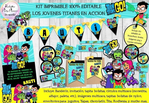 Kit Imprimible Los Jóvenes Titanes En Acción Editable 100%