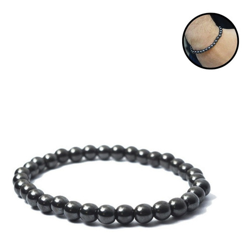 Pulseira Bolinha Pedra Hematita 6mm Elástica Comprimento 19 Cm