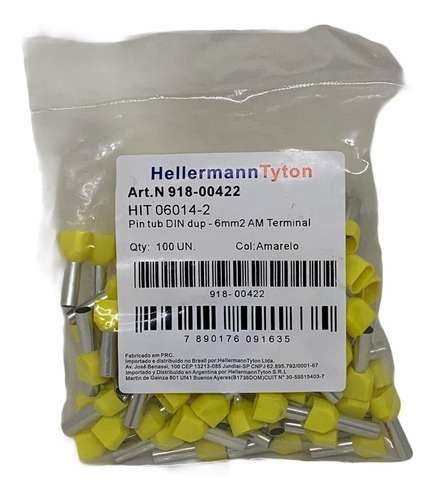 Terminal Pino Tubular Duplo 6mm Amarelo Hellermann C/100pçs