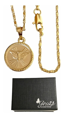 Medalla Espíritu Santo Con Grabado Cadena Baño De Oro 14k 