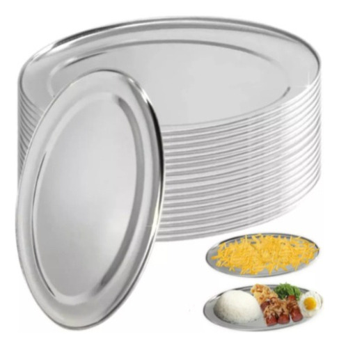 Kit 10 Bandeja Travessa Oval Inox Perfeita Multiuso 25cm Cor Prateado