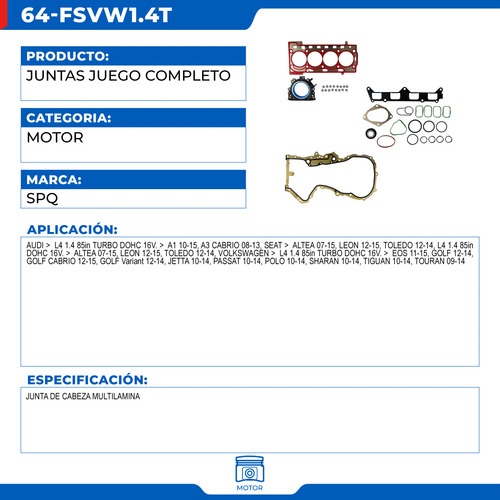 Empaques Juntas Volkswagen Sharan 2010-2014 L4 1.4