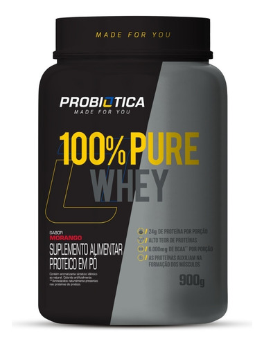 Suplemento em pó Probiótica  100% Pure Whey proteínas 100% Pure Whey sabor  morango em pote de 900g