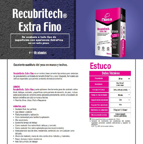 Niasa Recubritech Estuco Extra Fino Blanco Pulido Espejo