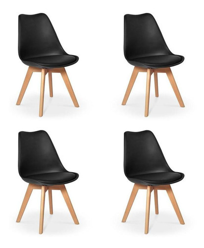 Kit 04 Cadeiras Eames Prime Wood Estofada Cor Preto