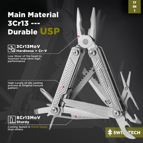 Multitool Swiss Tech 17 In 1 Aço Inox Com Trava E Clip Top