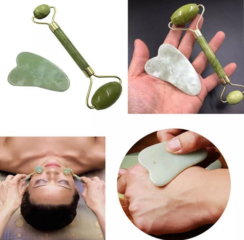 Imagen 2 de 10 de Rodillo De Jade Y Gua Sha Con Estuche