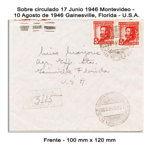 Uruguay 17/06/1946 Yv.564 Sobre Circ. Mtv - Gainesville Usa