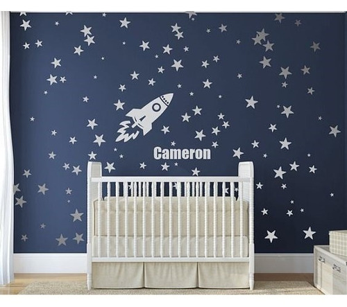 Vinilos Cuarto Del Bebe Cohete Estrellas Con Nombre  1mx1m  