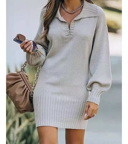 Vestido Tipo Suéter De Malla Con Solapa De Longitud Media Pa