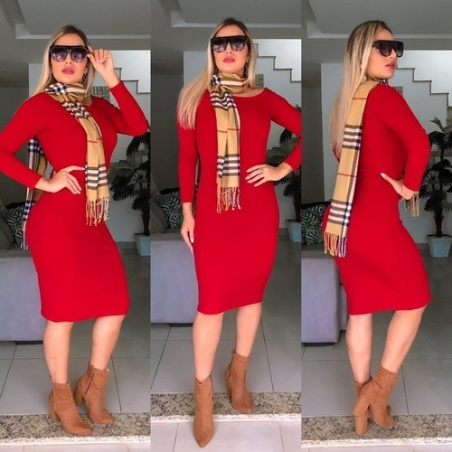 Vestido Manga Longa Midi Tubinho Inverno Canelado Evangélico