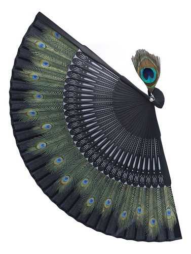 Abanico Plegable Con Diseño De Pavo Real Y Huesos Negros