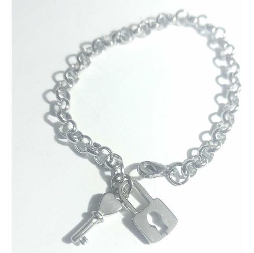 Pulsera Acero Roló + 2 Dijes Llave Y Candado Grabado Láser Diámetro 1 Cm Largo 19 Cm