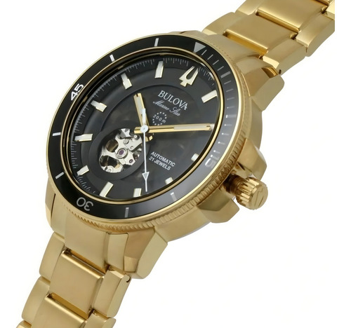 Reloj Marca Bulova Marine Star Modelo: 97a174 Color de la correa Dorado Color del bisel Negro Color del fondo Negro