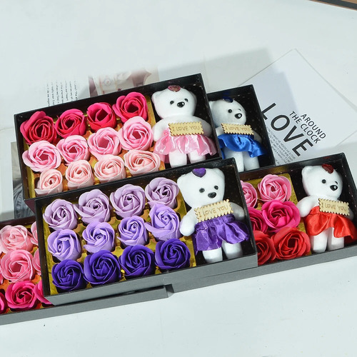 Caja De Para Novia O Mamá Con Oso Y Rosas Aromáticas Color Azul