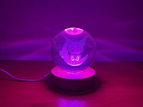 Luz De Noche Esfera De Cristal 3d Led Usb Escritorio 6cm Madera Kuromi 2 Luz Violeta