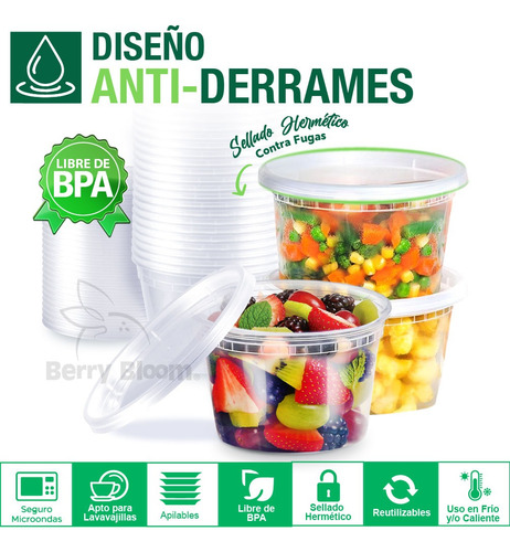 Berry Bloom 250 Envases para Alimentos Transparentes Reutilizables Deli: Tapas de Sellado Hermético, Ideales para Alimentos Fríos y Calientes, Apto para Microondas (16 onzas)