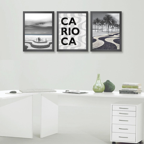 Kit 3 Quadros Copacabana 45x34cm - Vidro E Moldura Preta