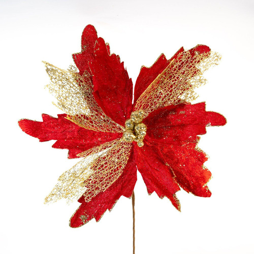 Flor Decoração De Natal Artificial Brilho Vermelha 29cm