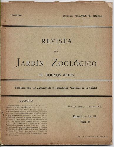 Revista Jardín Zoológico 2º Época Año 3 N 10 Jul 1907 Onelli