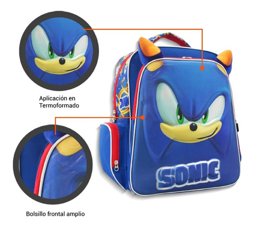 Imagen 5 de 8 de Mochila Escolar Infantil Doble Compartimiento Sonic
