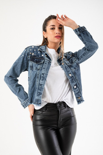 Campera De Jean Mujer Tendencia Con Strass Brillos Moda