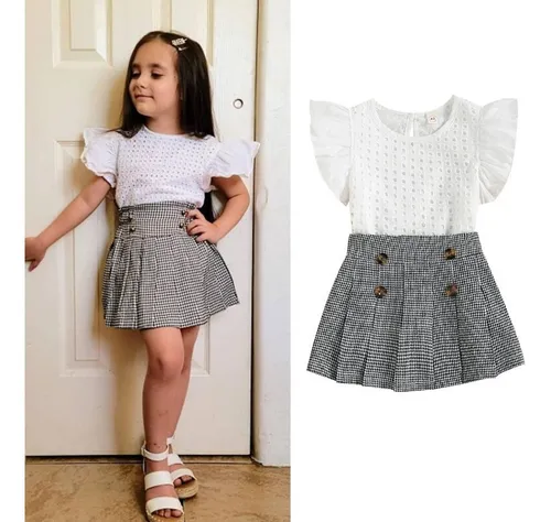 Conjunto Ropa Para Niña Blusa Blanca Falda Plisada Cuadros interés