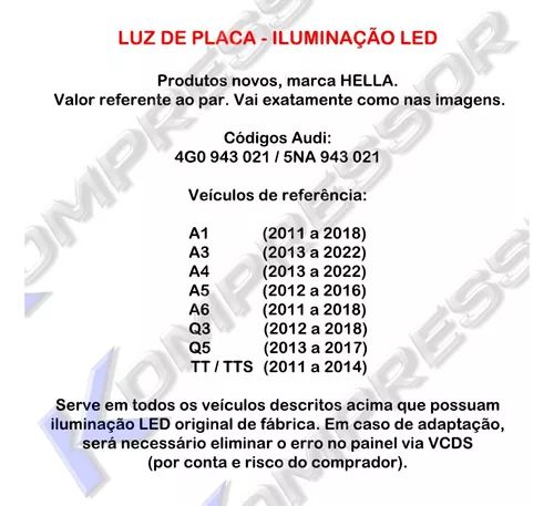 Luz Placa Led Audi Q3 Q5 Tt Tts 2011 2012 13 14 15 16 17 18