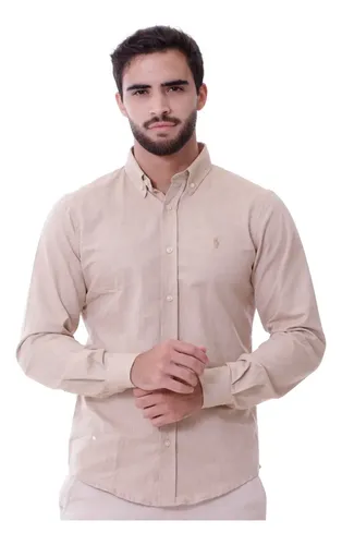 Camisa Oxford Manga Longa Polo Masculina Caqui