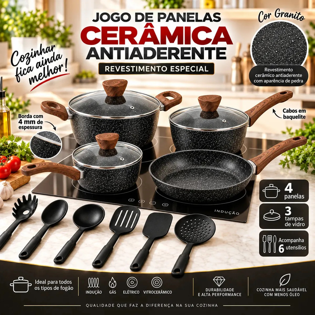 Jogo de Panelas Nhame Ceramic Pro Indução Antiaderente com Revestimento Cerâmico e 10 Peças