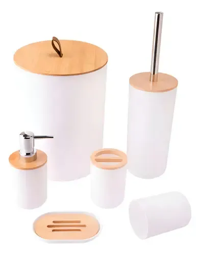 Kit Banheiro Moderno Bambu com 6 Peças Lixeira Tampa Fechada Cor Branco — R$ 72,47 em Mercado Livre