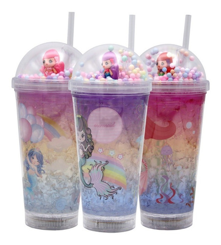 Vaso Con Bombilla Diseño Sirena Con Pelotitas Luces Kawaii