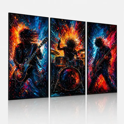 Quadros Decorativos Banda Rock Energia Colorida 3 Peças Multicores Borda Infinita