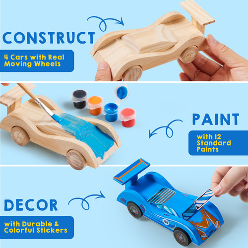 Kit De Manualidades De Madera 4 Autos De Carreras Diy