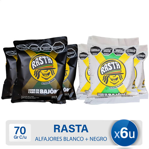 Alfajor Rasta Chocolate Blanco + Chocolate Negro - Combo X6