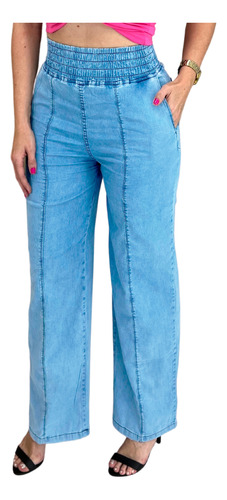 Calça Jeans Molinha Leve Social Wide Leg Pantalona Modelador