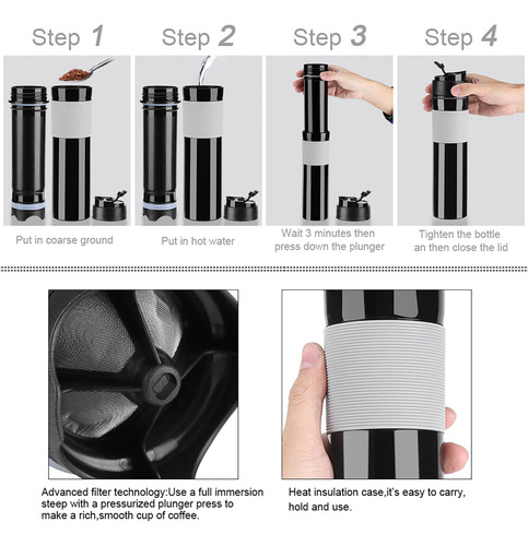 Portable Coffee Maker 350ml Press Bottle Tea Drinking Water