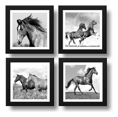comprar Set 4 Cuadros Caballos Hacienda Granja Decoracion 33x33cm Marco Negro