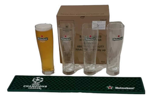 4 Vasos Pinta Cerveza Heineken + Esterilla Champions League 