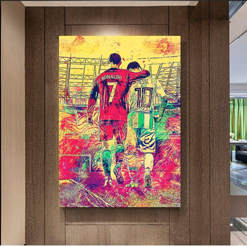 Cuadro Decorativo Messi Cristiano Arte Colorido Futbol 50x75