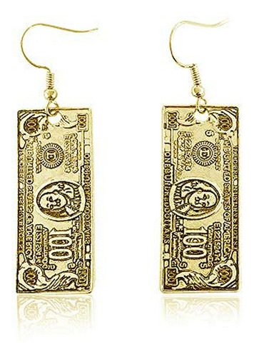 Aretes De Billetes De 100 Dólares Dólar Plateado Oro Mujer.