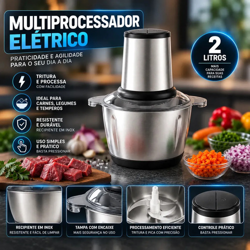Multiprocessador Elétrico 2L 400W Inox Triturador Moedor Picador de Alimentos para Carne Legumes Alho Temperos Cozinha Hardline