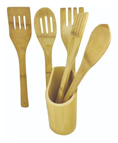 Imagem 5 de 10 de Conjunto Talheres Bambu 6 Peças Pau Colher Garfo Espatulas