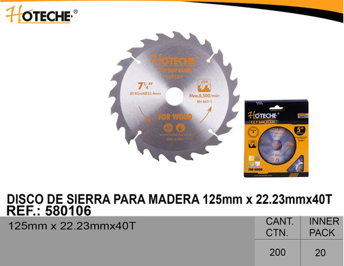Disco De Sierra Para Madera 125mm X 22.23mmx40t - Hoteche
