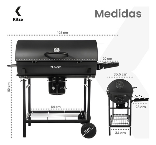 Asador De Carbón Tipo Barril Con Ruedas Acero Inoxidable Parrilla Para Jardin Kitzo