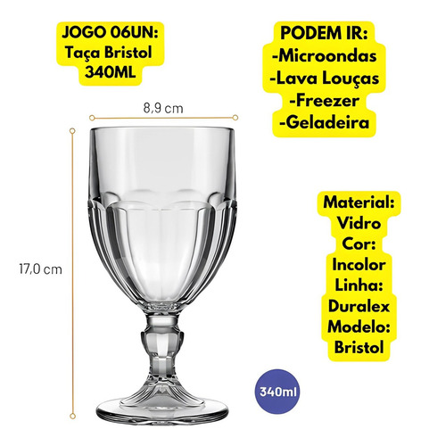 Jogo De Taça Com 6 Unidades Bristol Agua 350 Ml - Nadir
