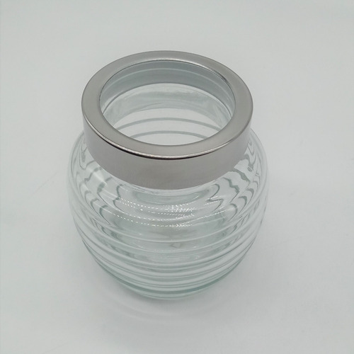 Imagen 2 de 3 de Frasco Vidrio Redondo Acanalado Tapa De Acero C/ Visor 7,5cm