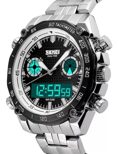 Reloj pulsera Skmei 1204 de cuerpo color plateado y negro y blanco, analógico-digital, para hombre, fondo negro y gris, con correa de acero inoxidable color plateado, agujas color plateado y blanco, dial blanco y plateado, subesferas color negro y plateado y gris, minutero/segundero blanco, bisel color negro y blanco y desplegable